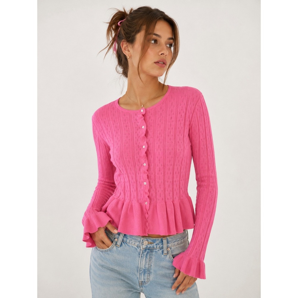 Scoop Pink Pointelle Peplum Cardigan Sweater Ruffles M Coquette Balletcore Y2K